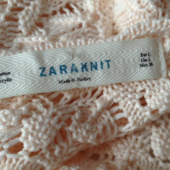 Zara Knit Women's Size L Crochet Cotton Blend Cardigan Peach Cottage Core - Picture 7 of 8